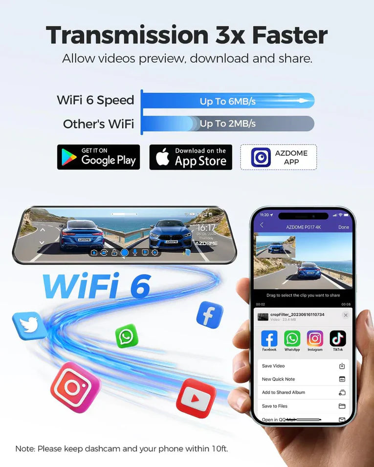 داش كام تسجيل AZDOME PG17 MAX 4K + كاميرا أمامية بدقة 4K وخلفية بدقة 2.5K، مرآة سيارة ذكية بشاشة لمس 12 بوصة - albarakwt