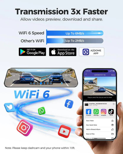 داش كام تسجيل AZDOME PG17 MAX 4K + كاميرا أمامية بدقة 4K وخلفية بدقة 2.5K، مرآة سيارة ذكية بشاشة لمس 12 بوصة - albarakwt