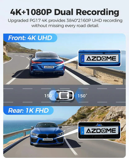 داش كام تسجيل AZDOME PG17 MAX 4K + كاميرا أمامية بدقة 4K وخلفية بدقة 2.5K، مرآة سيارة ذكية بشاشة لمس 12 بوصة - albarakwt