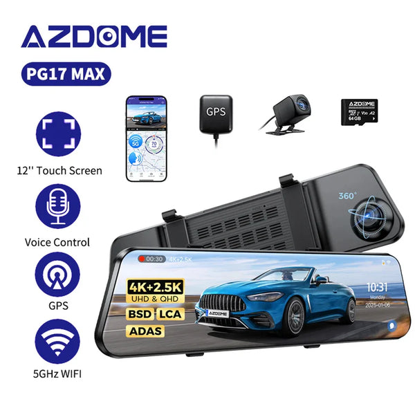 داش كام تسجيل AZDOME PG17 MAX 4K + كاميرا أمامية بدقة 4K وخلفية بدقة 2.5K، مرآة سيارة ذكية بشاشة لمس 12 بوصة - albarakwt