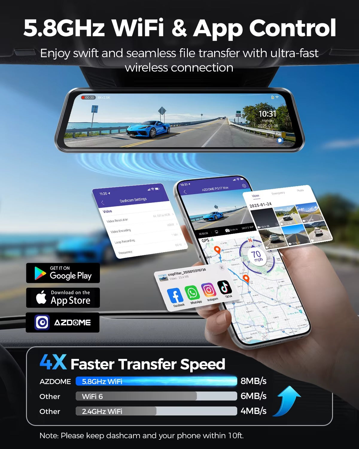 داش كام أزدوم AZDOME PG17 MAX 4K مرآة سيارة بشاشة لمس 12 بوصة